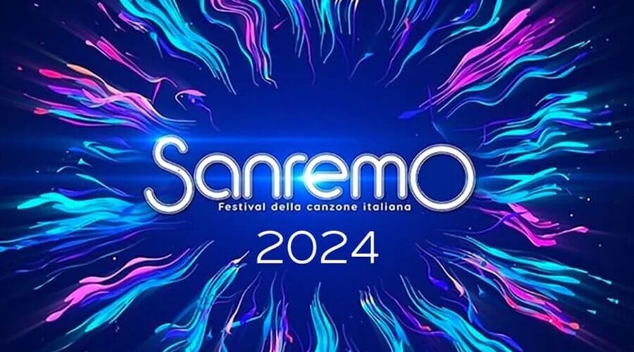 logo di sanremo 2024 su sfondo blu