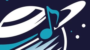 una nota musicale azzurra con una sfondo che ricorda saturno