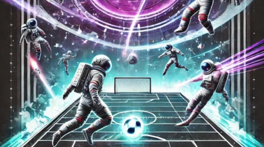 illustrazione di una squadra di astronauti che giocano a calcio su un campo