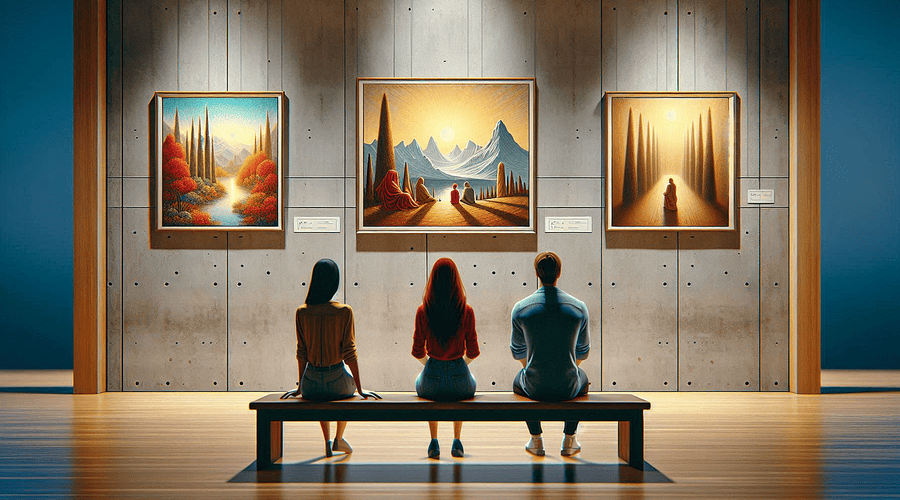 illustrazione di 3 persone sedute su una panchina che guardano una mostra di quadri