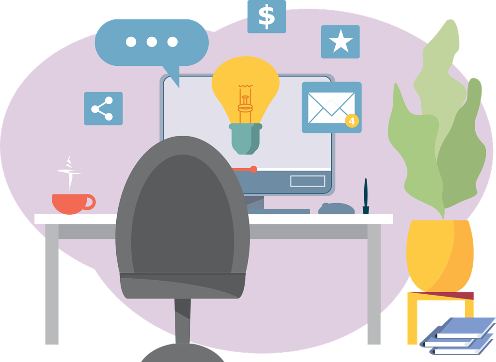 illustrazione di una scrivania con sedia di spalle e una pianta