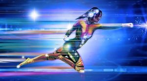 una ragazza supereroe su sfondo blu