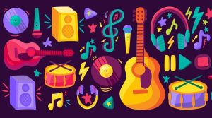 una serie di strumenti musicali stilizzati in 2d