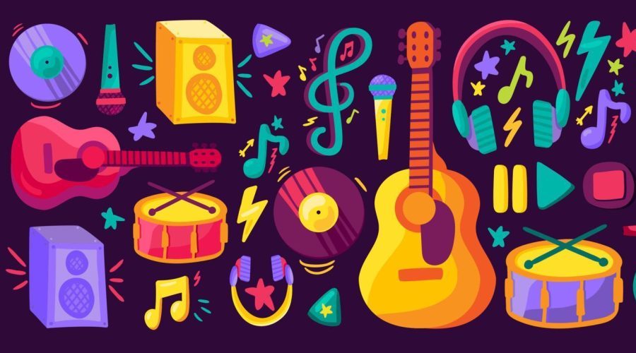 una serie di strumenti musicali stilizzati in 2d