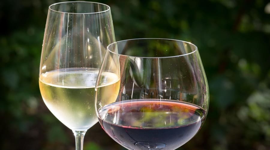 due calici di vino, uno rosso e uno bianco